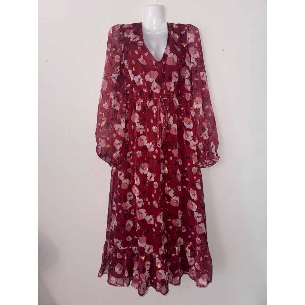 Floral‎ Midi Dress Long Sleeve V Neck Ruffle Hem Burgundy M